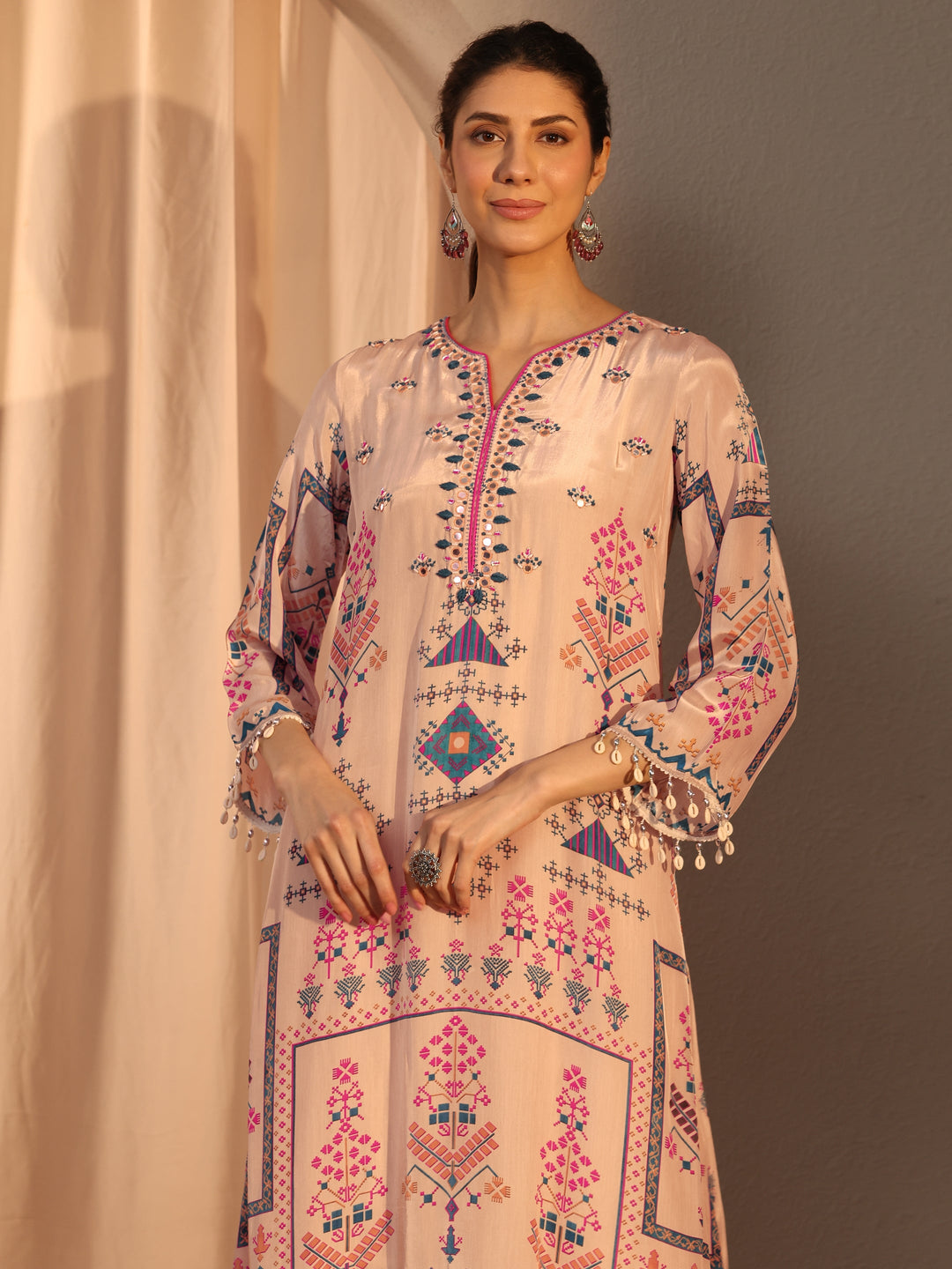  Beige Printed Crepe Straight Suit Set With Dupatta 