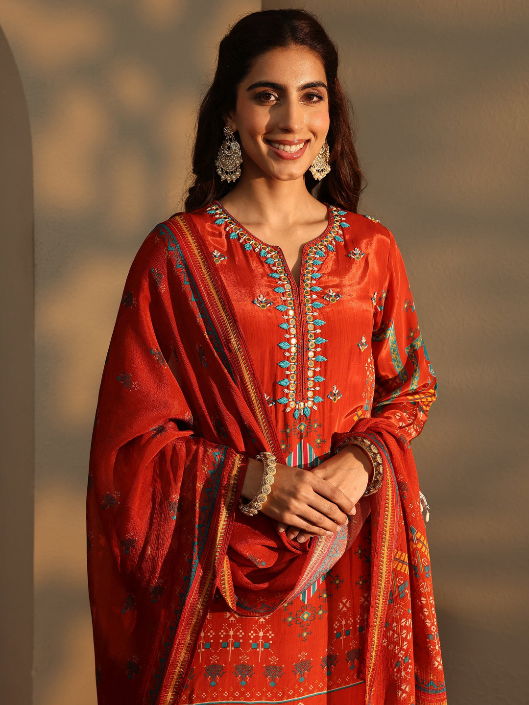  Orange Ethnic Motifs Printed Silk Crepe Straight Suit Set With Dupatta 