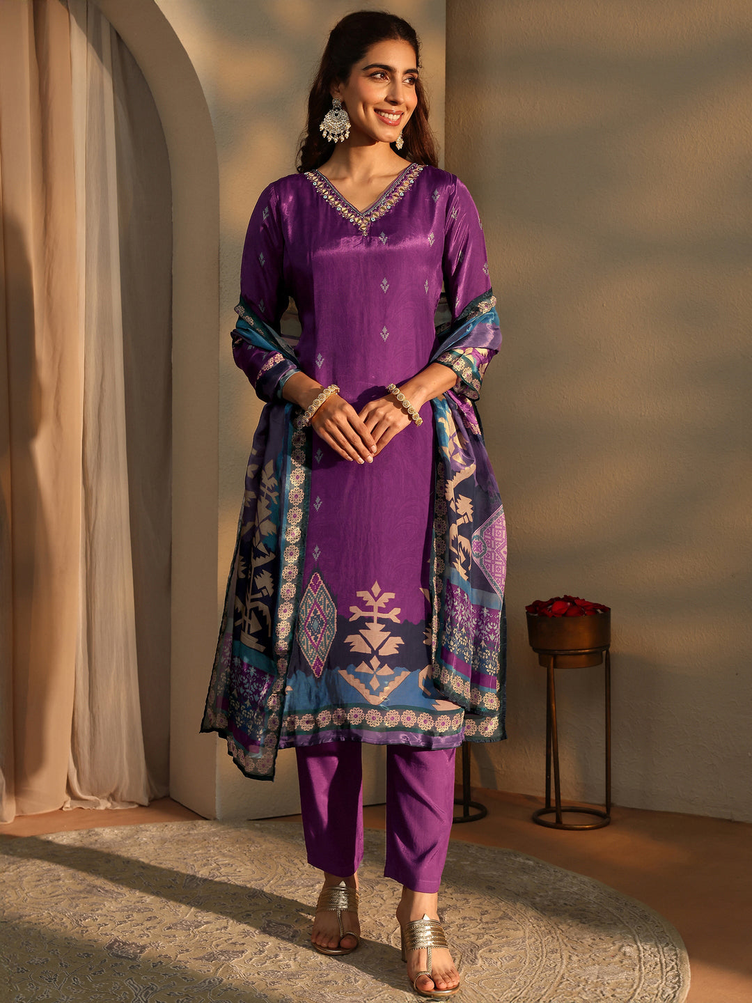  Pink Ethnic Motifs Printed Silk Crepe Straight Suit Set With Dupatta 
