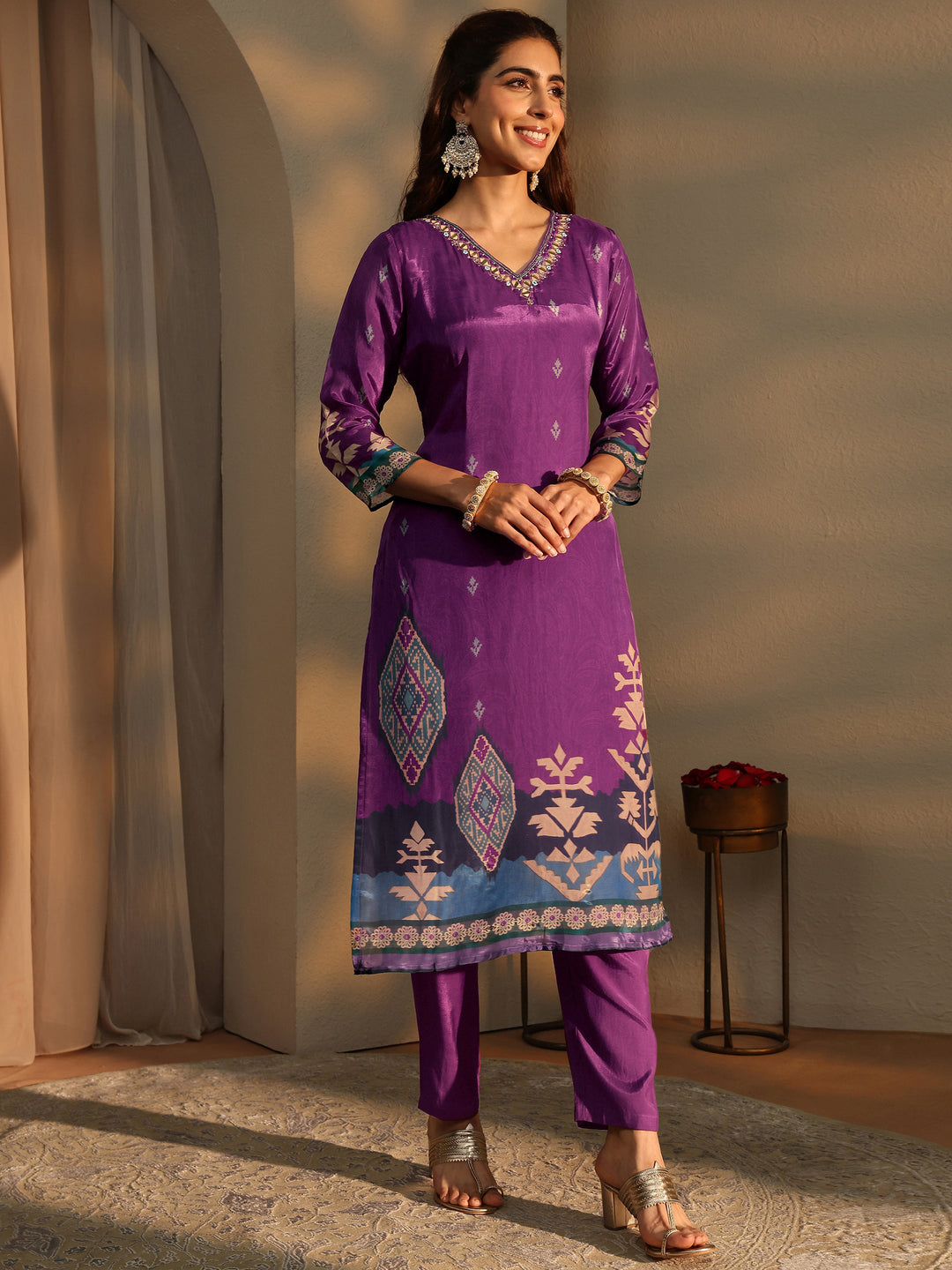  Pink Ethnic Motifs Printed Silk Crepe Straight Suit Set With Dupatta 