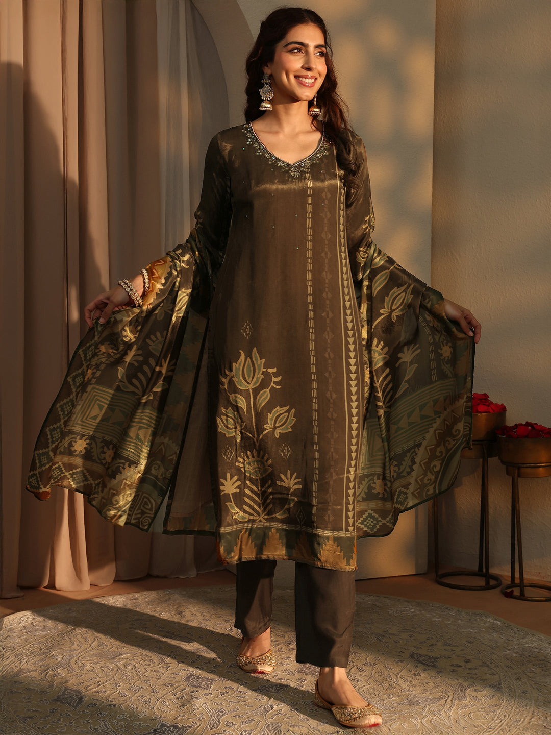  Brown Ethnic Motifs Printed Silk Crepe Straight Suit Set With Dupatta 