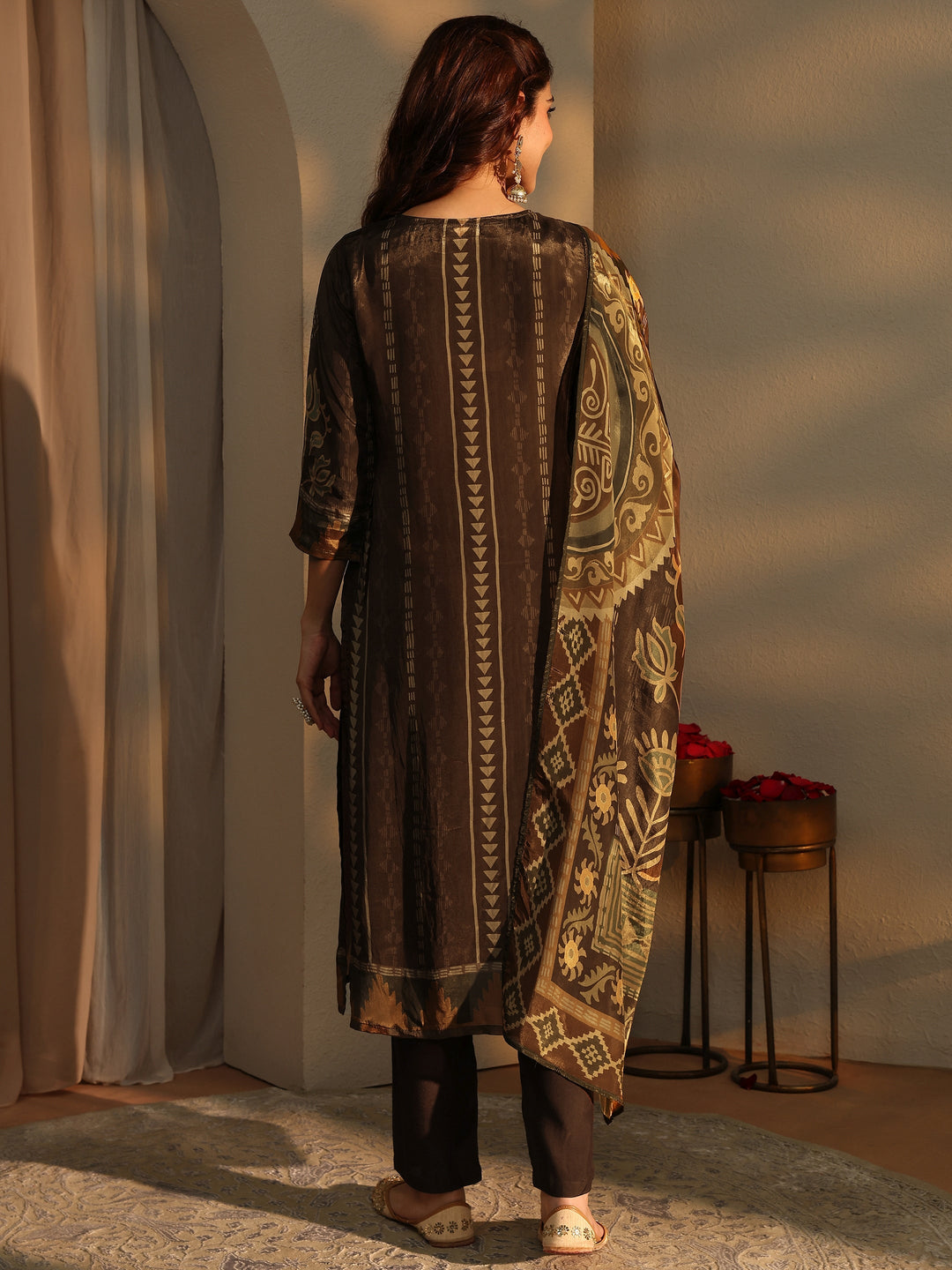  Brown Ethnic Motifs Printed Silk Crepe Straight Suit Set With Dupatta 