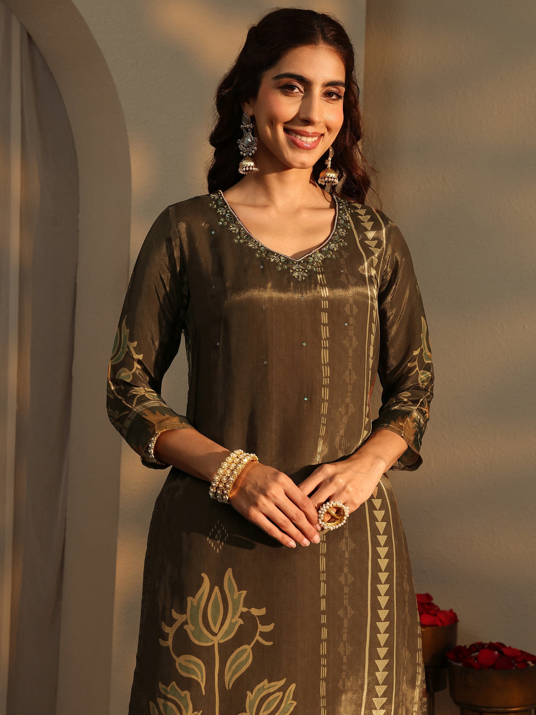  Brown Ethnic Motifs Printed Silk Crepe Straight Suit Set With Dupatta 