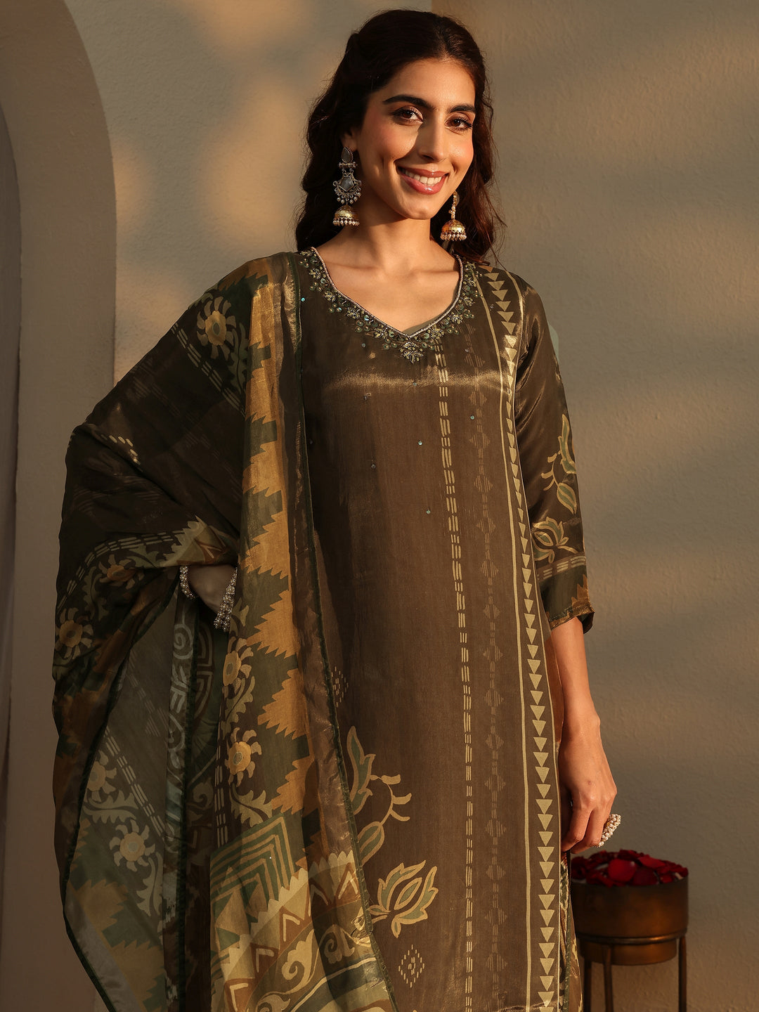  Brown Ethnic Motifs Printed Silk Crepe Straight Suit Set With Dupatta 