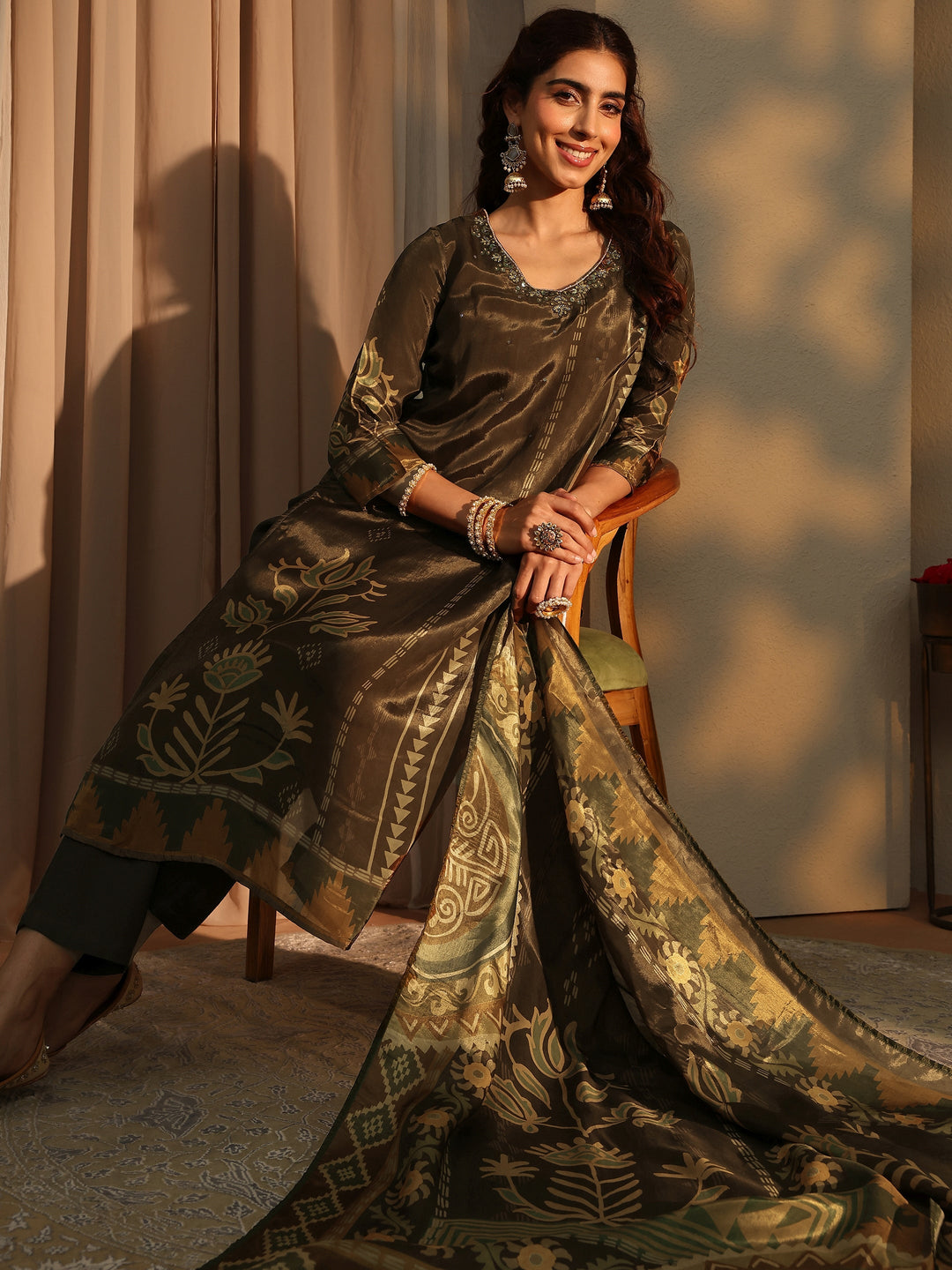  Brown Ethnic Motifs Printed Silk Crepe Straight Suit Set With Dupatta 