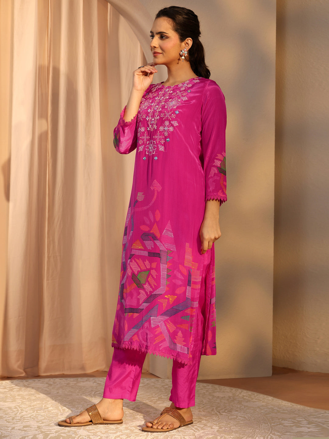  Pink Printed Crepe Straight Suit Set With Dupatta 