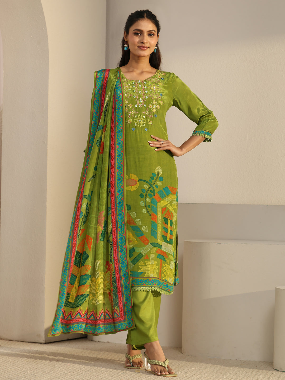  Libas Green Printed Crepe Straight Suit Set With Dupatta 