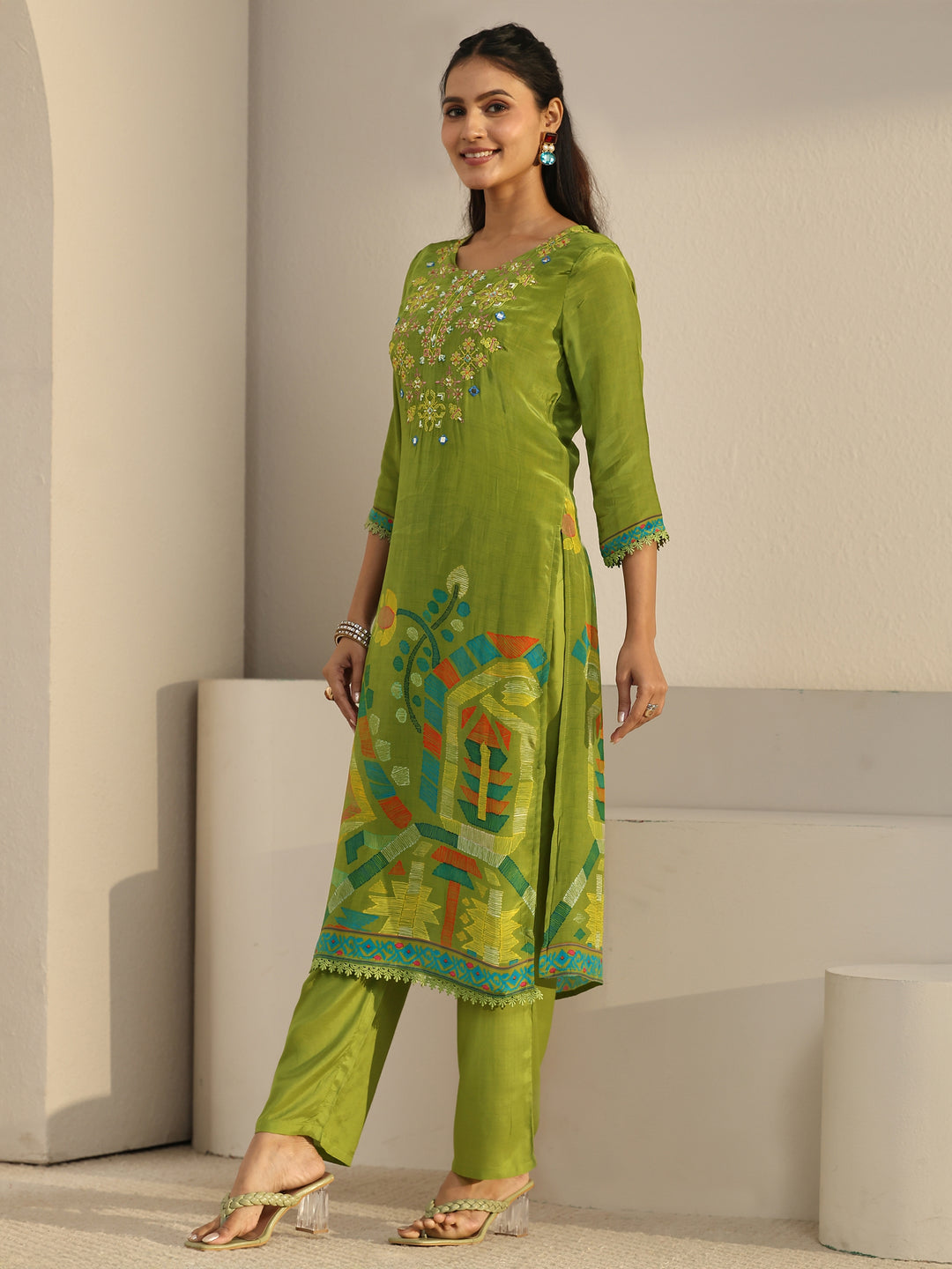  Libas Green Printed Crepe Straight Suit Set With Dupatta 