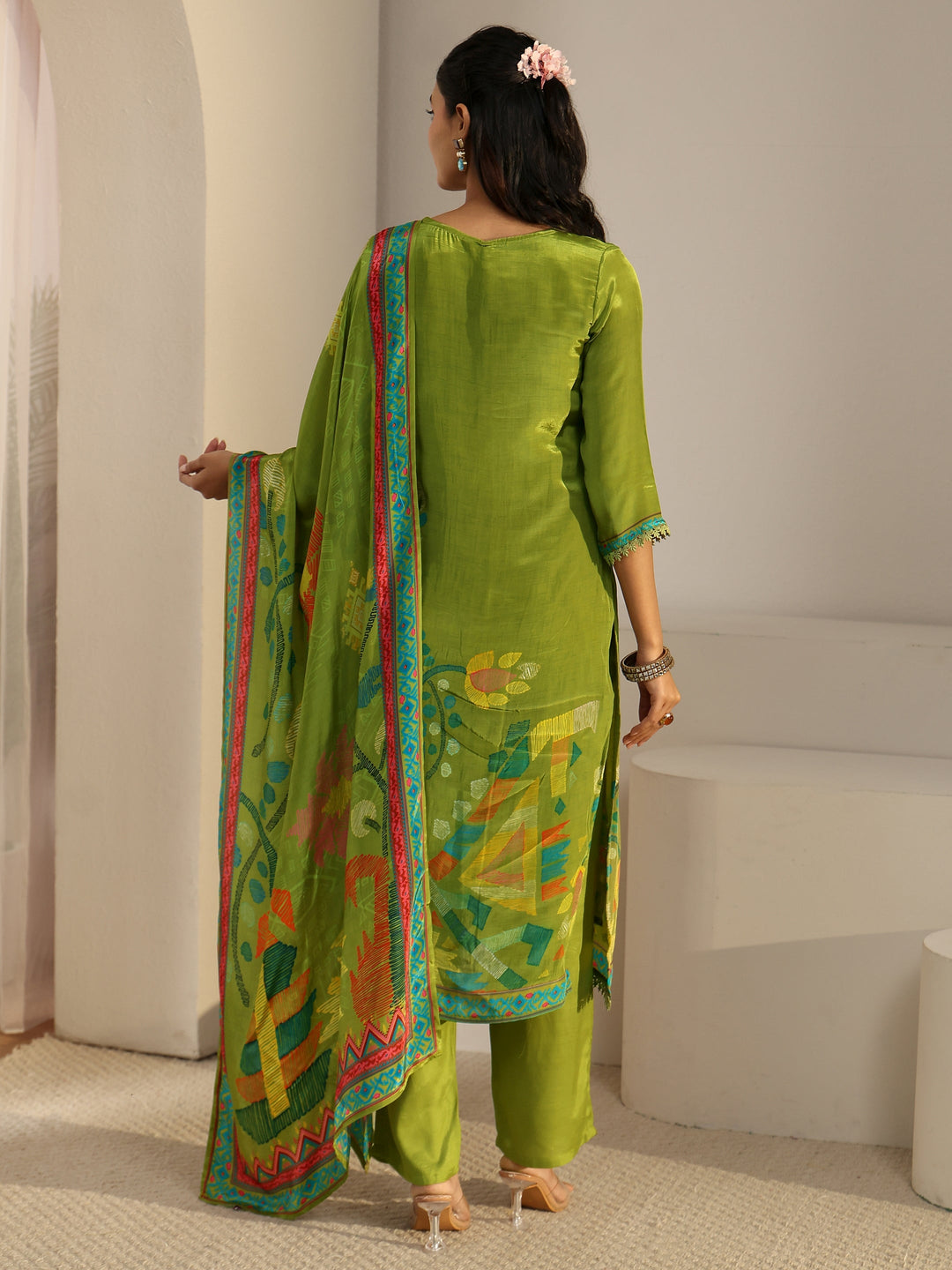  Libas Green Floral Printed Crepe Straight Suit Set 