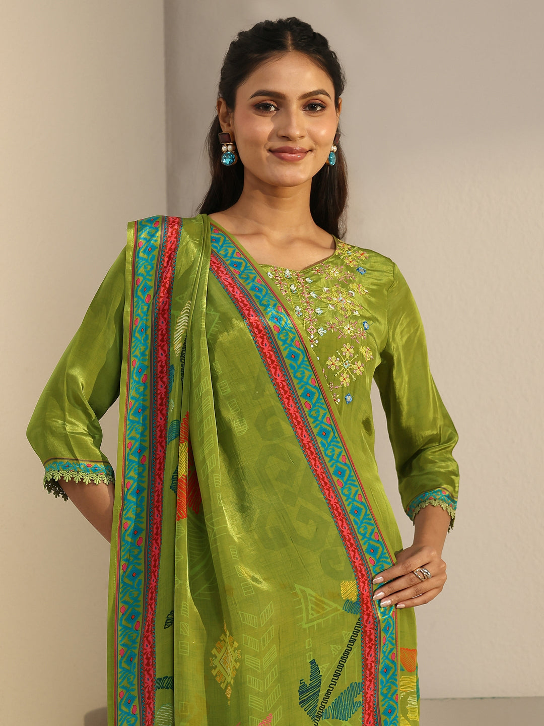  Libas Green Floral Printed Crepe Straight Suit Set 