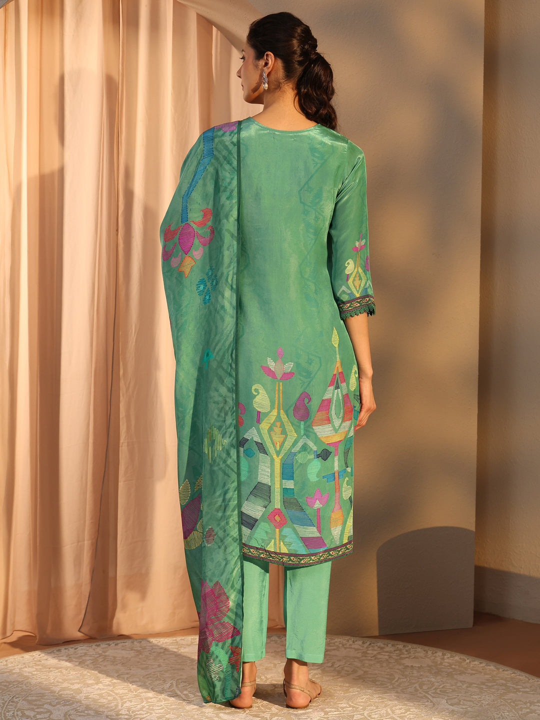  Green Printed Crepe Straight Suit Set With Dupatta 