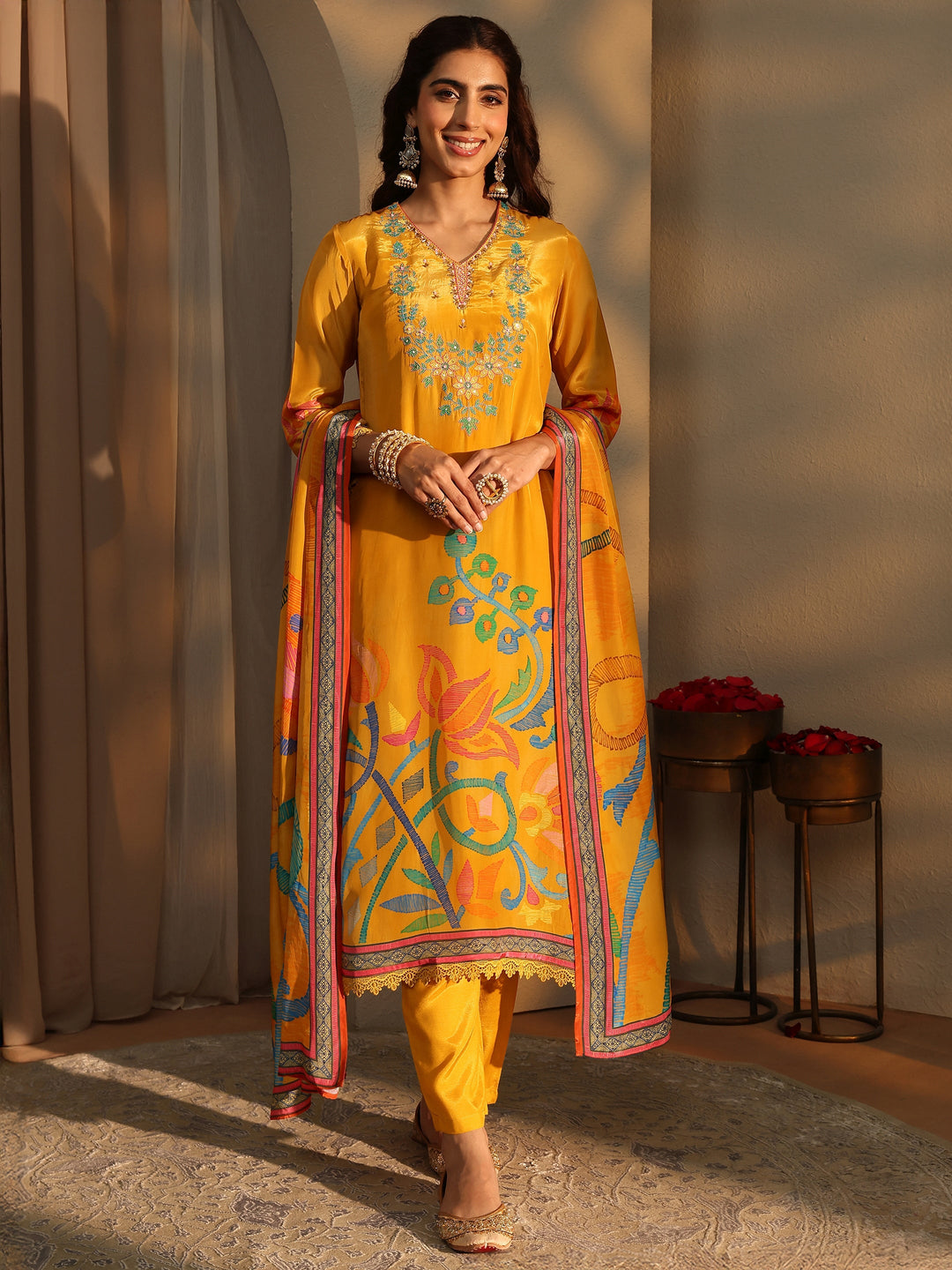  Mustard Floral Printed Silk Crepe Straight Suit Set With Dupatta 