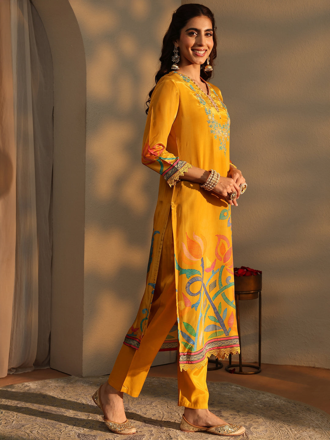  Mustard Floral Printed Silk Crepe Straight Suit Set With Dupatta 
