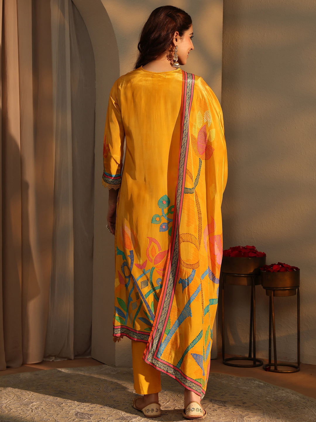  Mustard Floral Printed Silk Crepe Straight Suit Set With Dupatta 