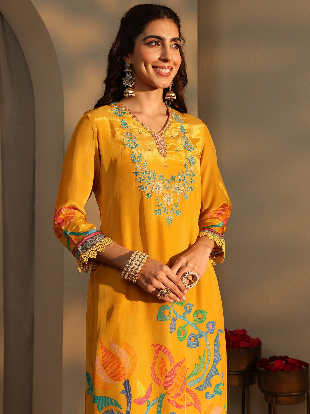  Mustard Floral Printed Silk Crepe Straight Suit Set With Dupatta 