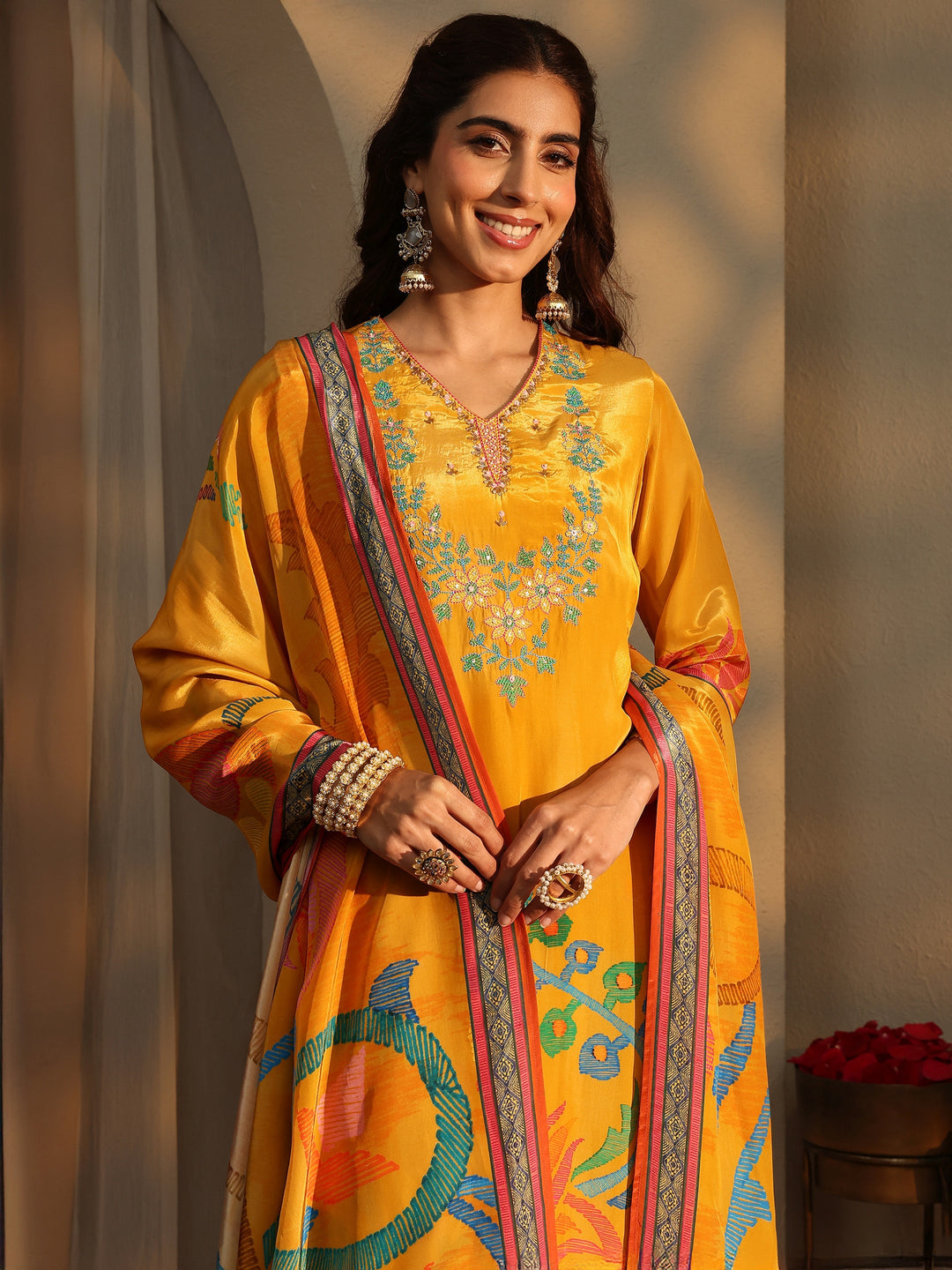  Mustard Floral Printed Silk Crepe Straight Suit Set With Dupatta 