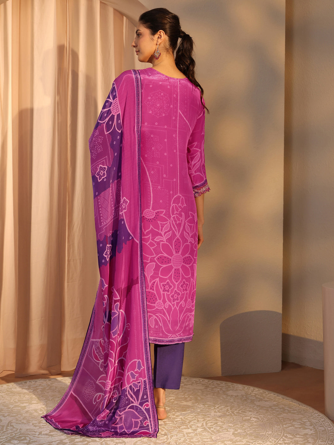  Pink Floral Printed Crepe Straight Suit Set With Dupatta 