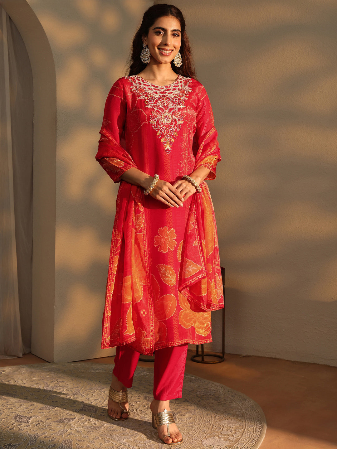  Orange Floral Printed Silk Crepe Straight Suit Set With Dupatta 