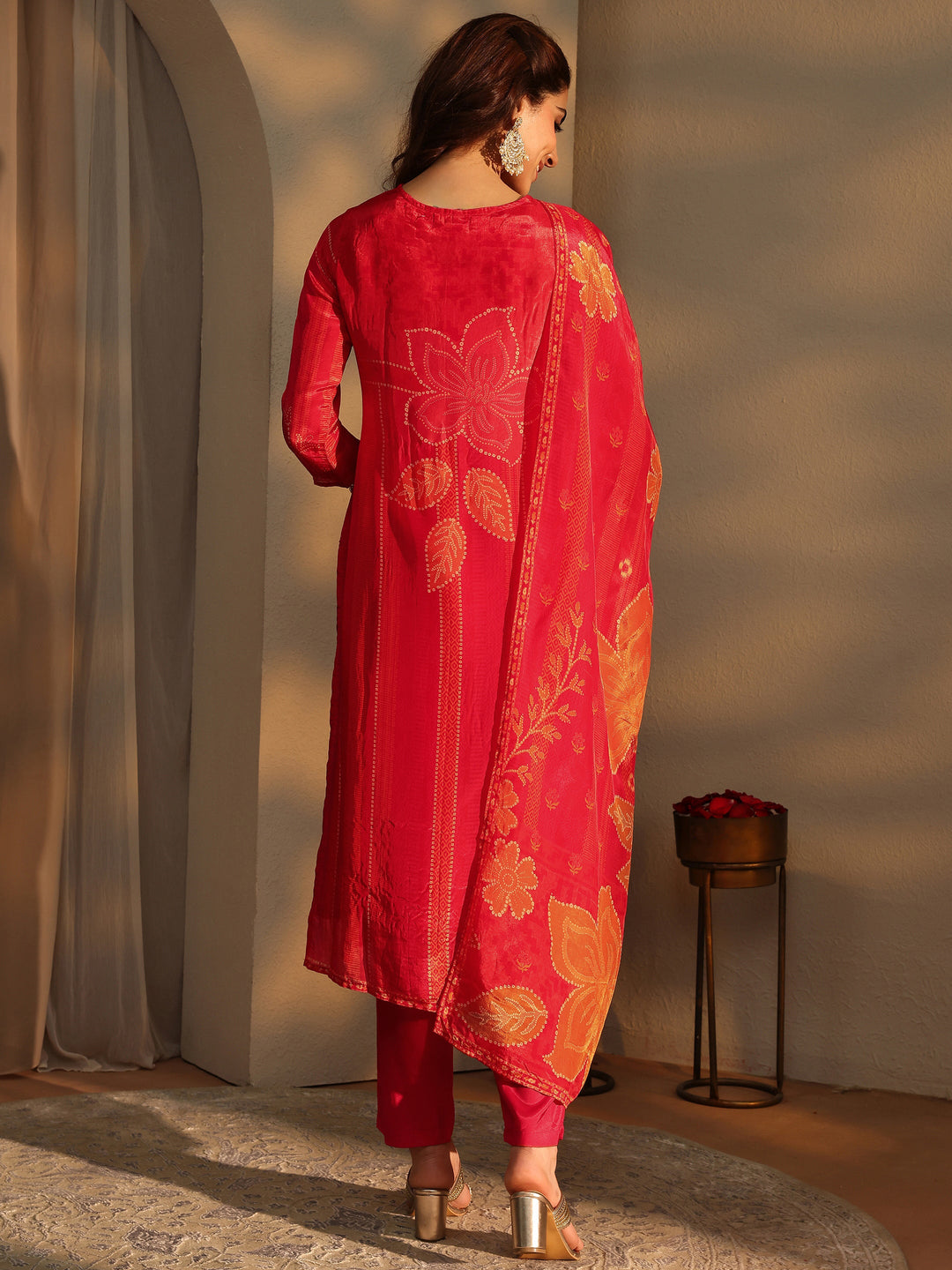  Orange Floral Printed Silk Crepe Straight Suit Set With Dupatta 