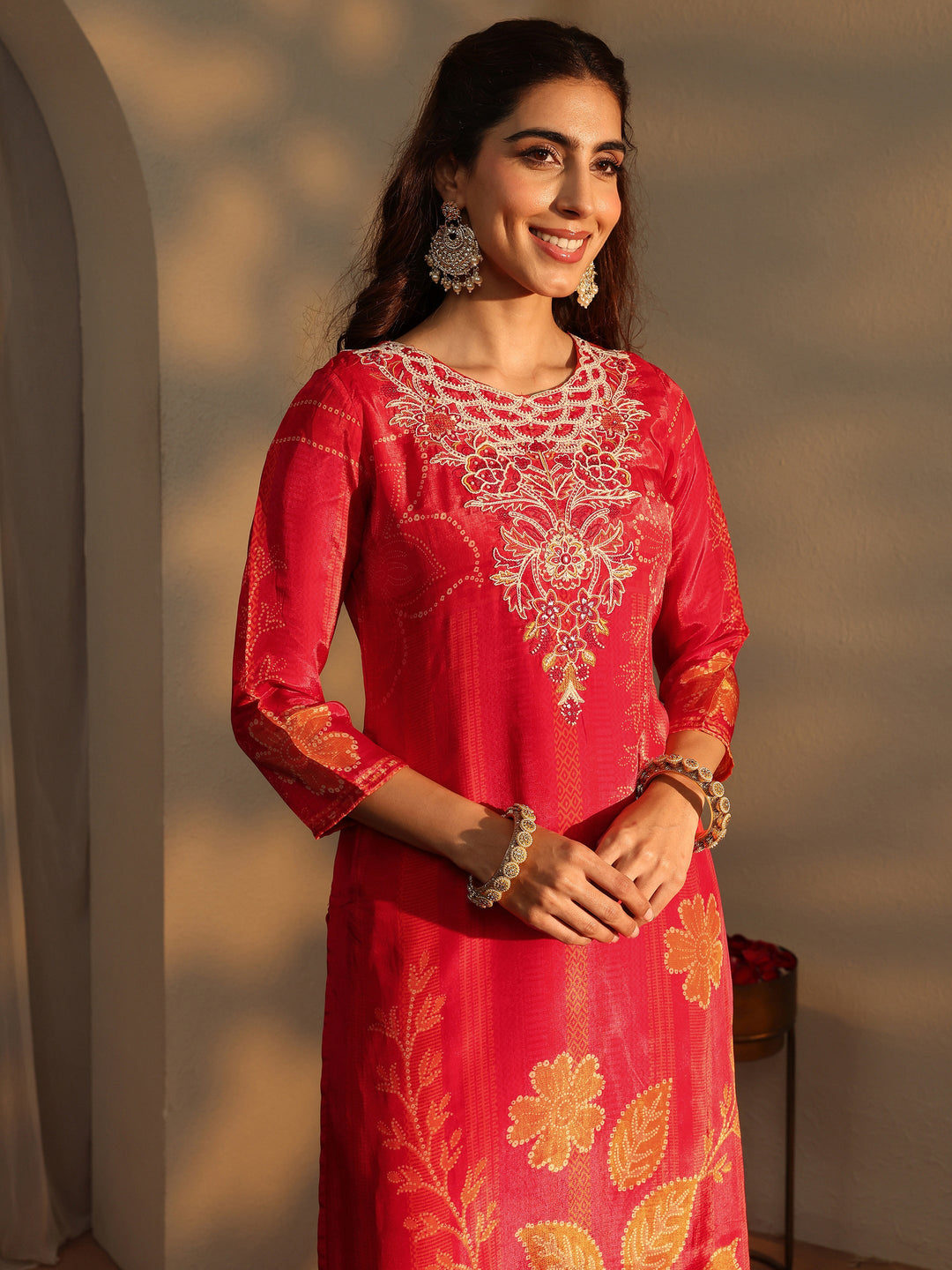  Orange Floral Printed Silk Crepe Straight Suit Set With Dupatta 