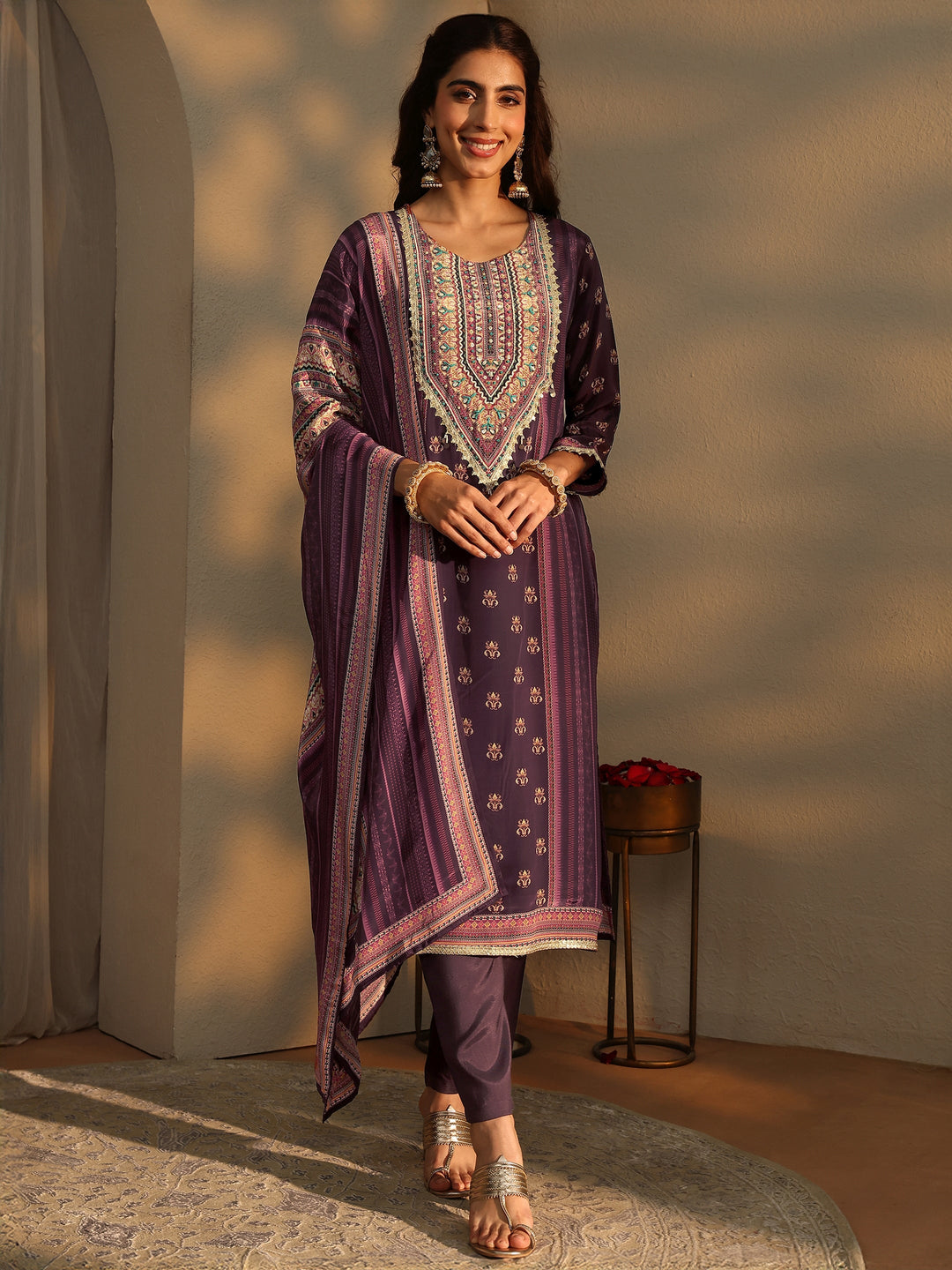  Burgundy Ethnic Printed Crepe Straight Suit Set 