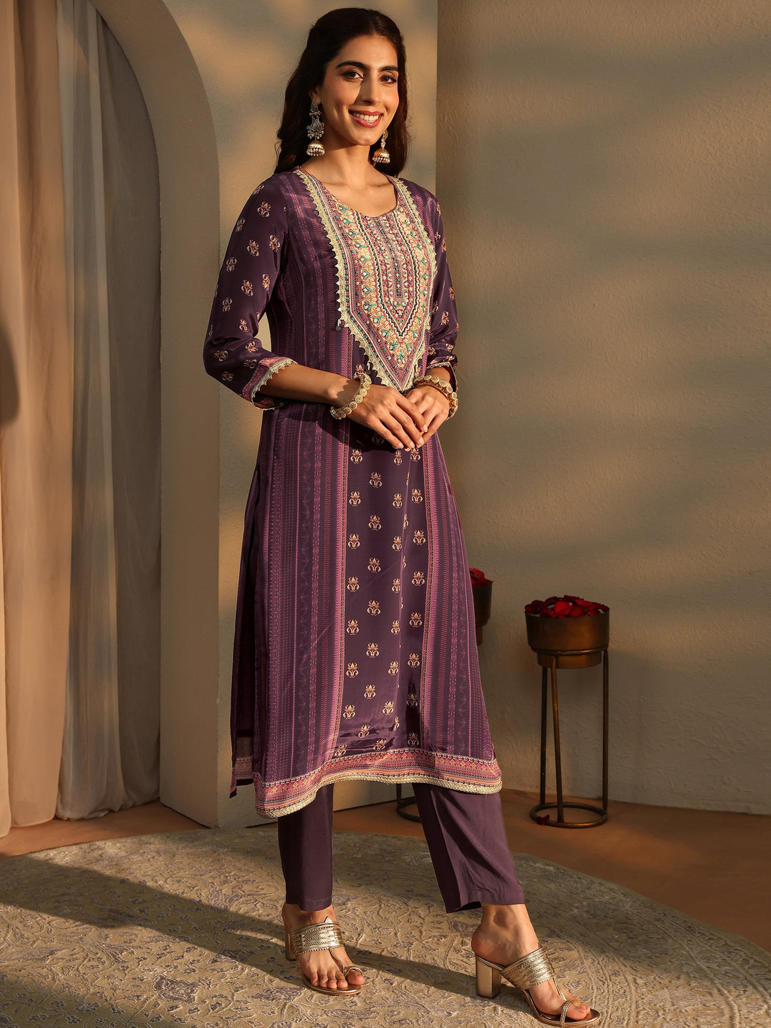  Burgundy Ethnic Printed Crepe Straight Suit Set 