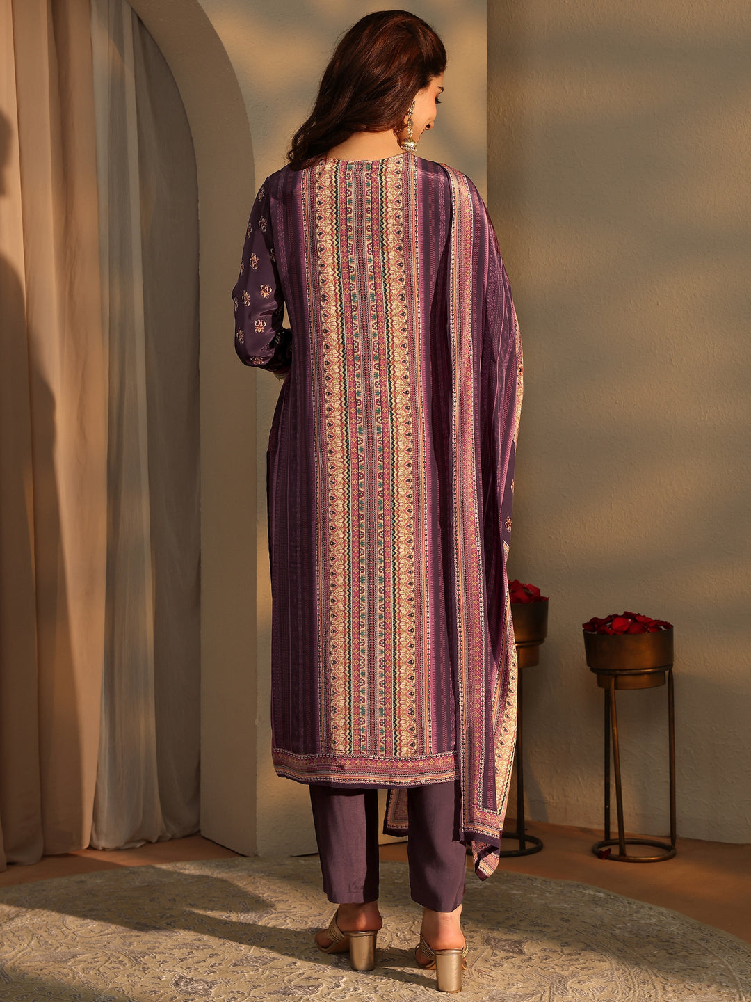  Burgundy Ethnic Printed Crepe Straight Suit Set 