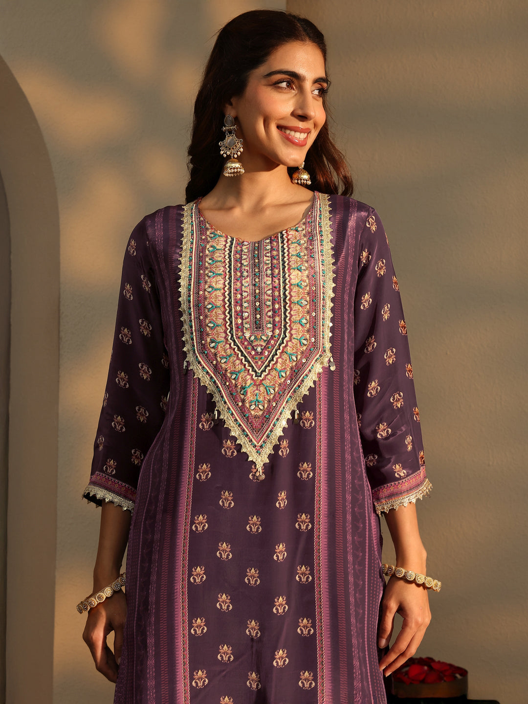  Burgundy Ethnic Printed Crepe Straight Suit Set 