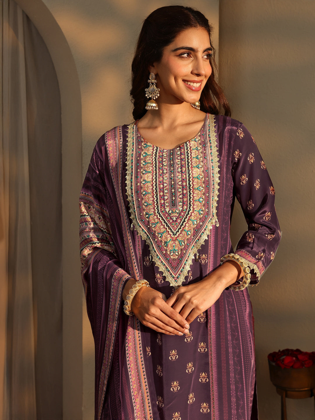  Burgundy Ethnic Printed Crepe Straight Suit Set 