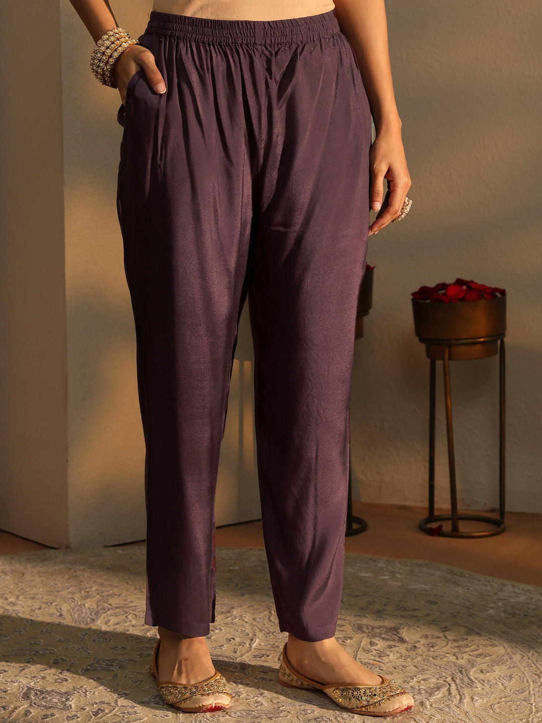  Burgundy Ethnic Printed Crepe Straight Suit Set 