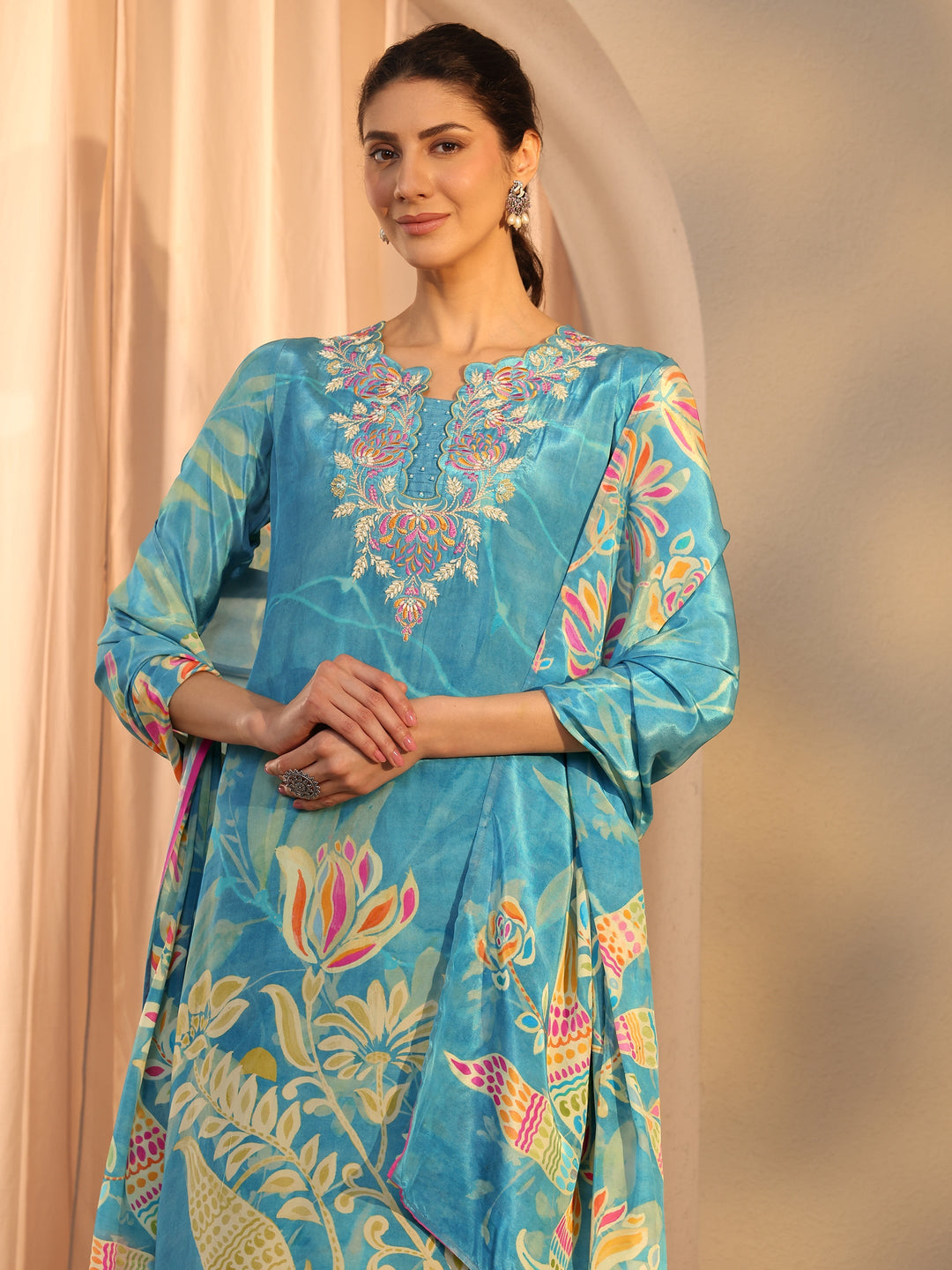  Blue Floral Printed Crepe Straight Suit Set With Dupatta 