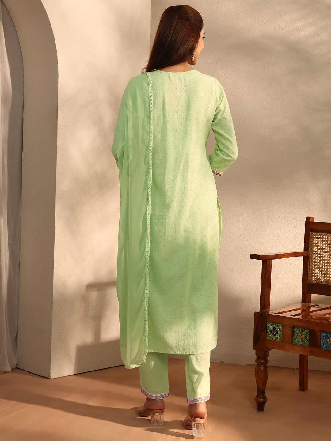  Green Self Design Cotton Blend Straight Kurta Set 