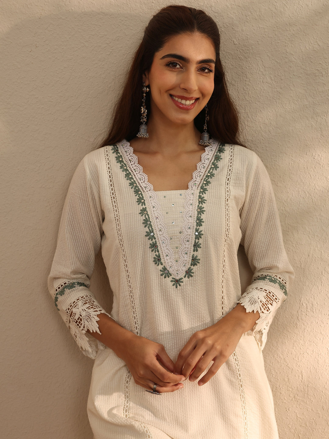  White Self Design Cotton Blend Straight Kurta Set 