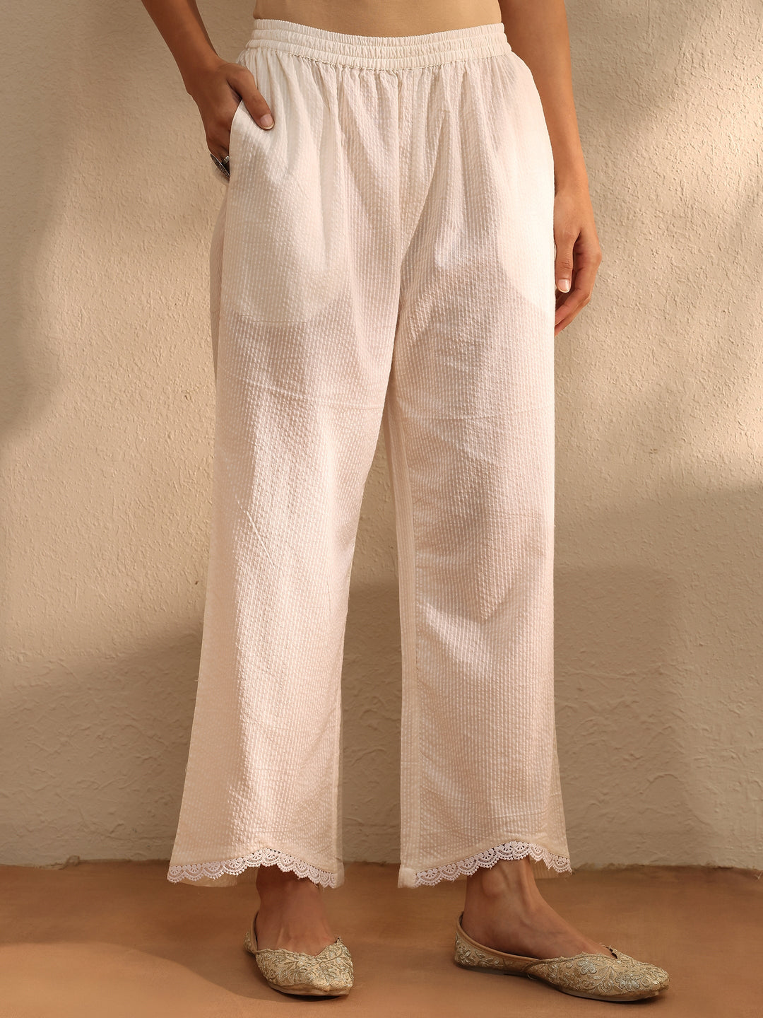  White Self Design Cotton Blend Straight Kurta Set 