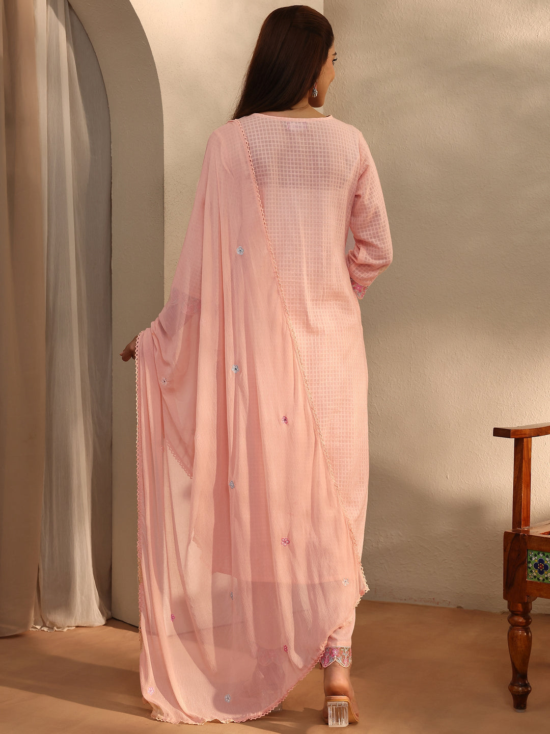  Peach Floral Self Design Cotton Blend Straight Suit Set With Dupatta 