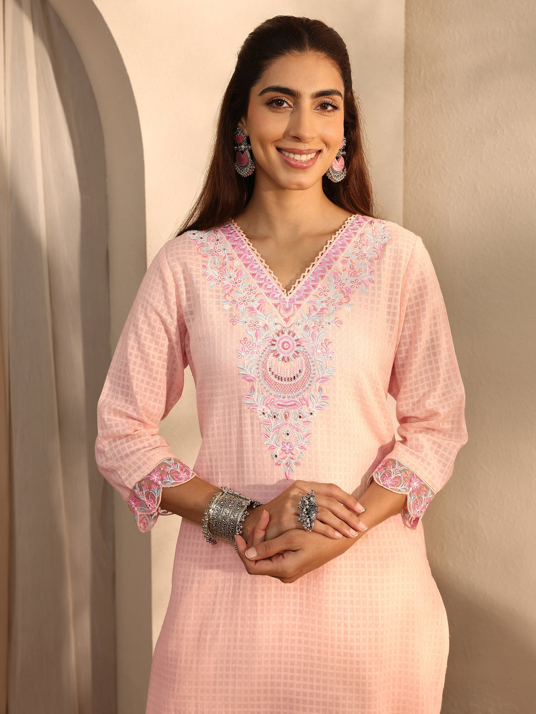  Peach Floral Self Design Cotton Blend Straight Suit Set With Dupatta 