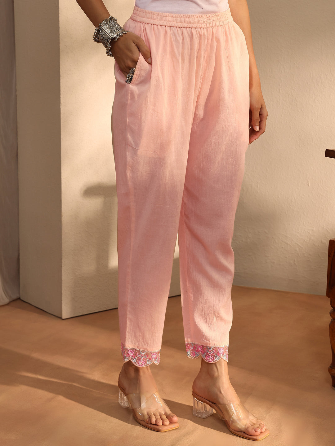  Peach Floral Self Design Cotton Blend Straight Suit Set With Dupatta 