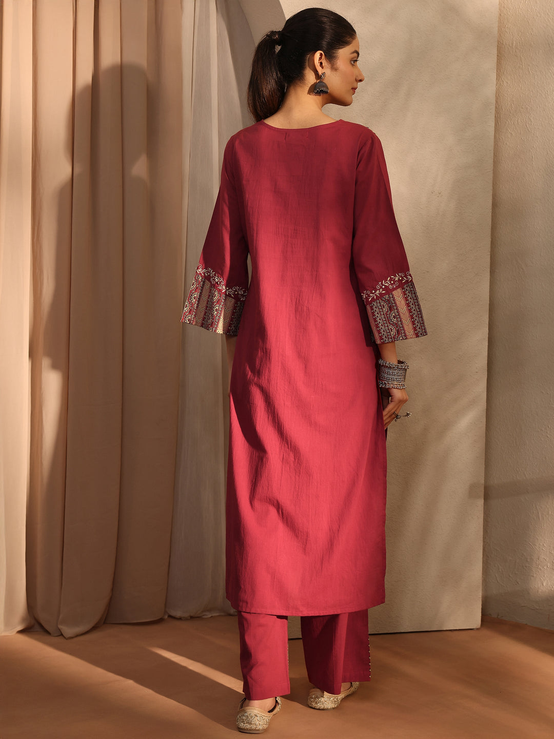  Red Ethnic Motifs Embroidered Cotton Blend Straight Kurta Set 