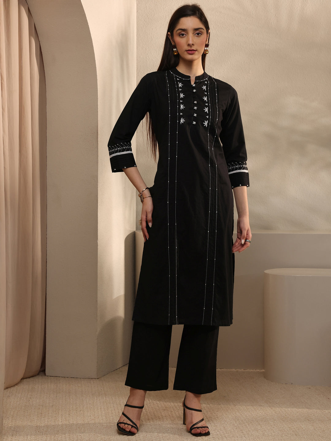  Black Embroidered Cotton Straight Kurta Set 