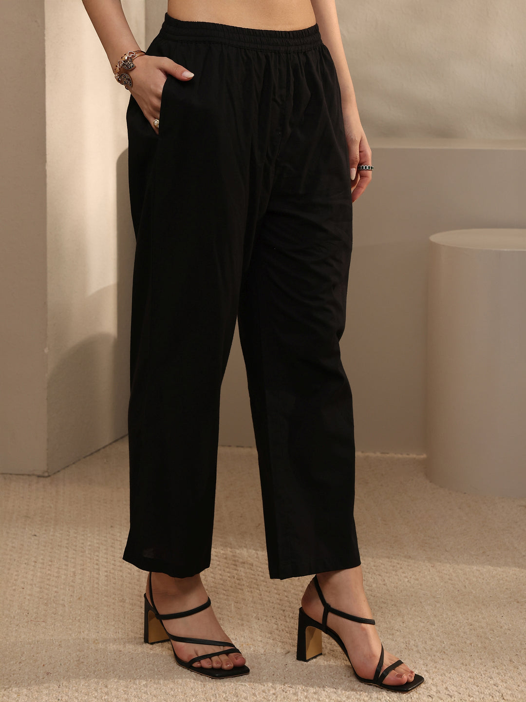  Black Embroidered Cotton Straight Kurta Set 