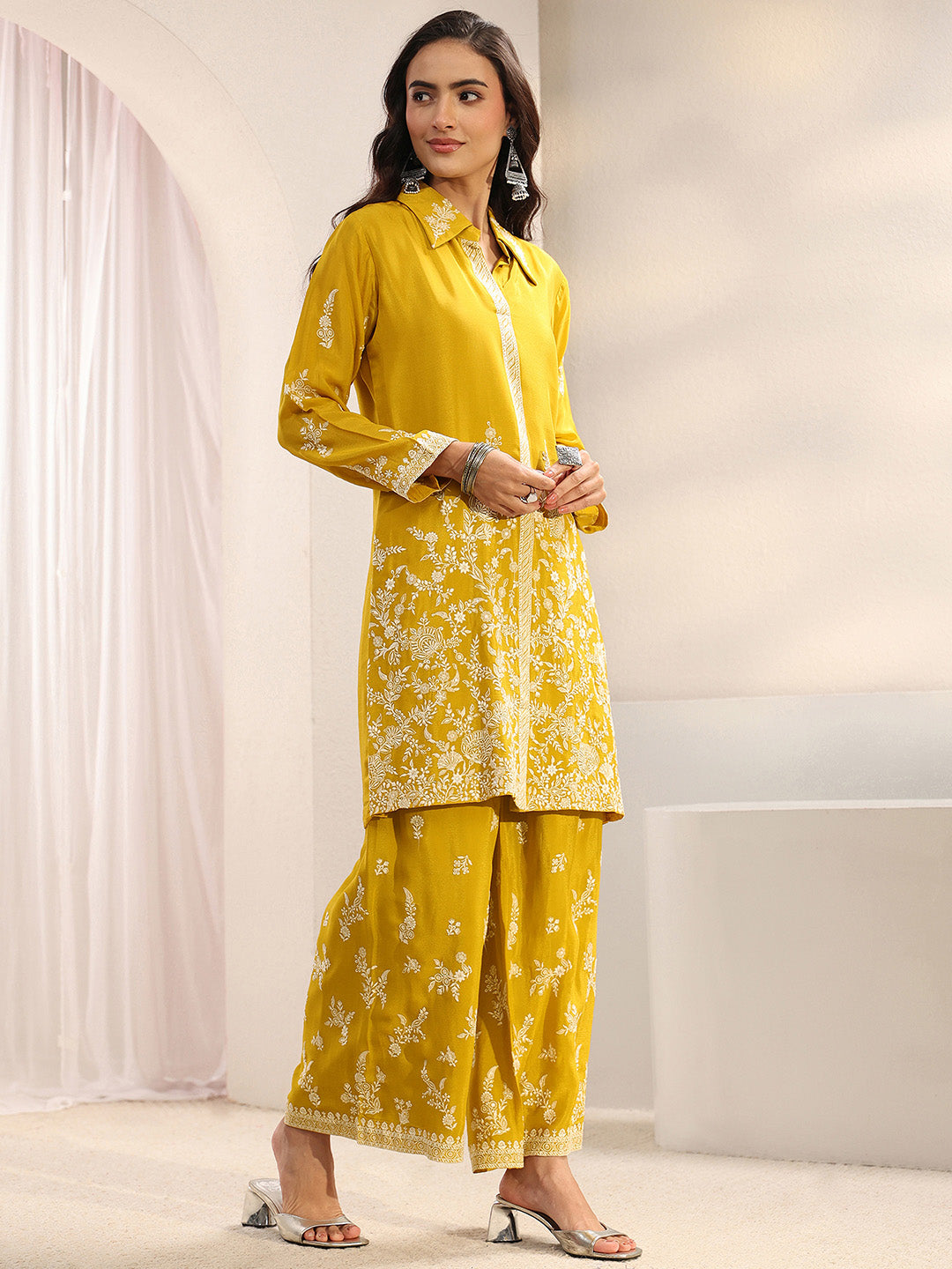  Libas Art Mustard Floral Embroidered Chinon Co-Ord Set 