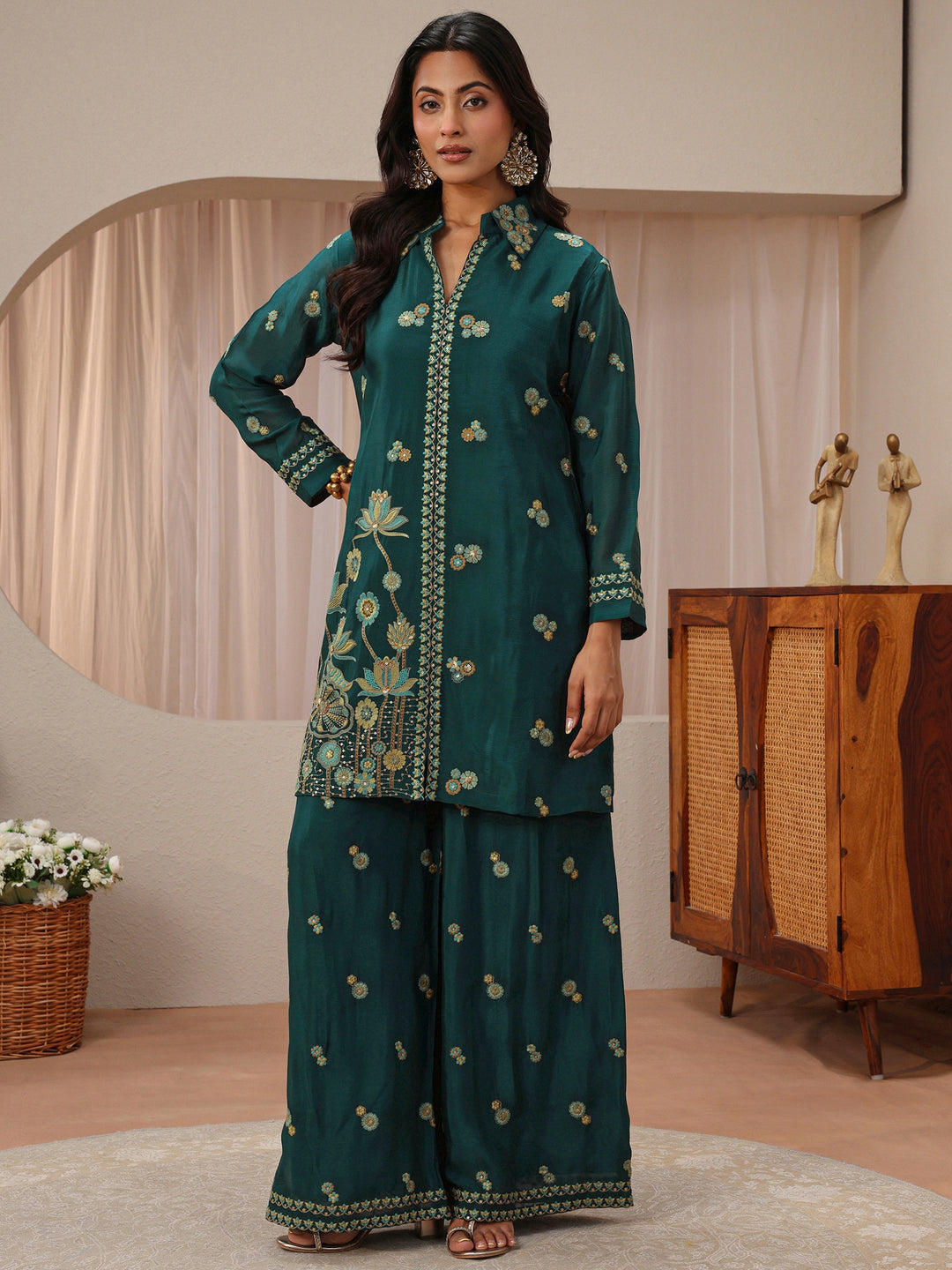  Libas Art Green Floral Embroidered Chinon Co-Ord Set 