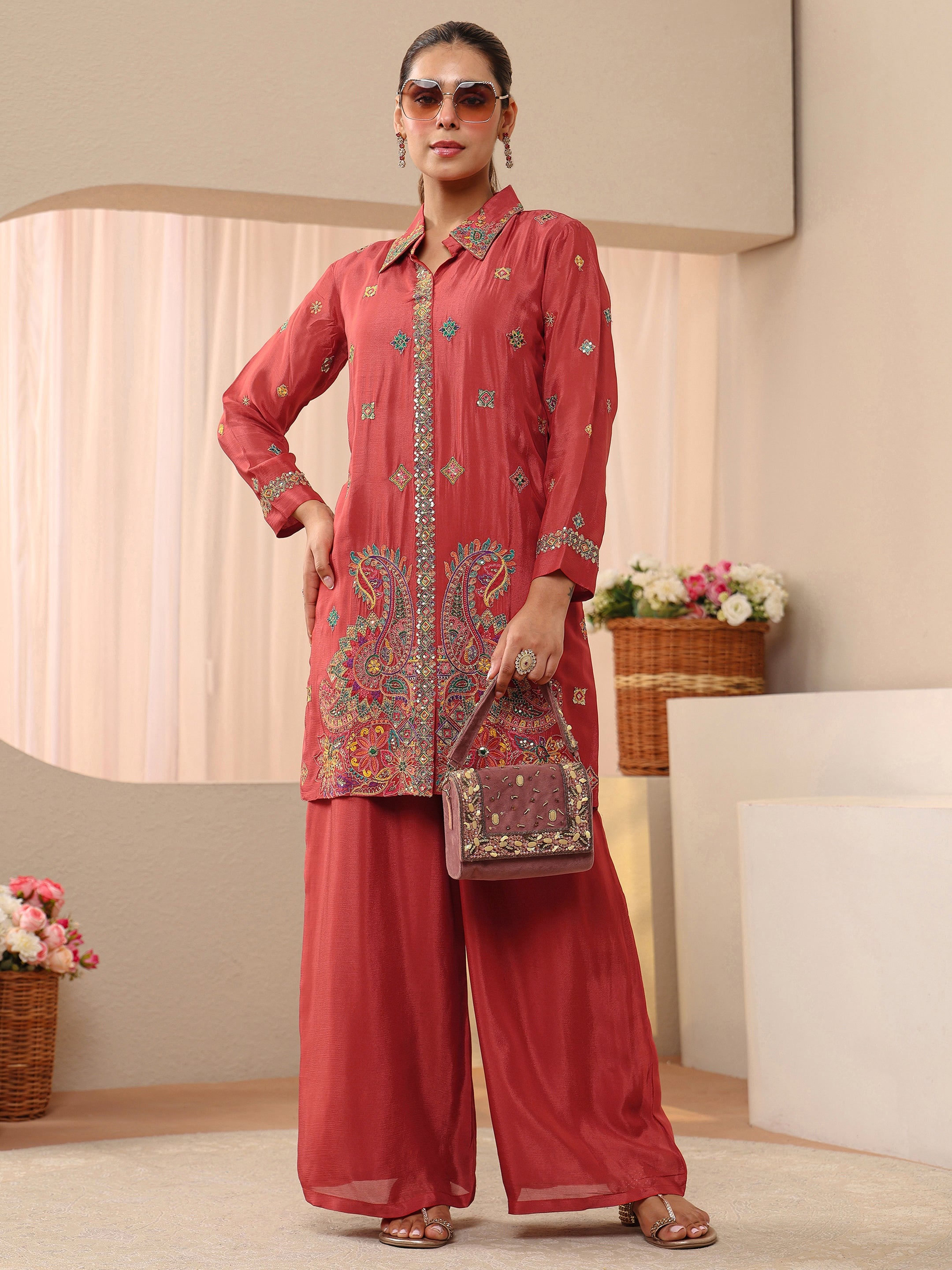 Libas Art Rust Ethnic Embroidered Crepe Co-Ord Set-picture-11