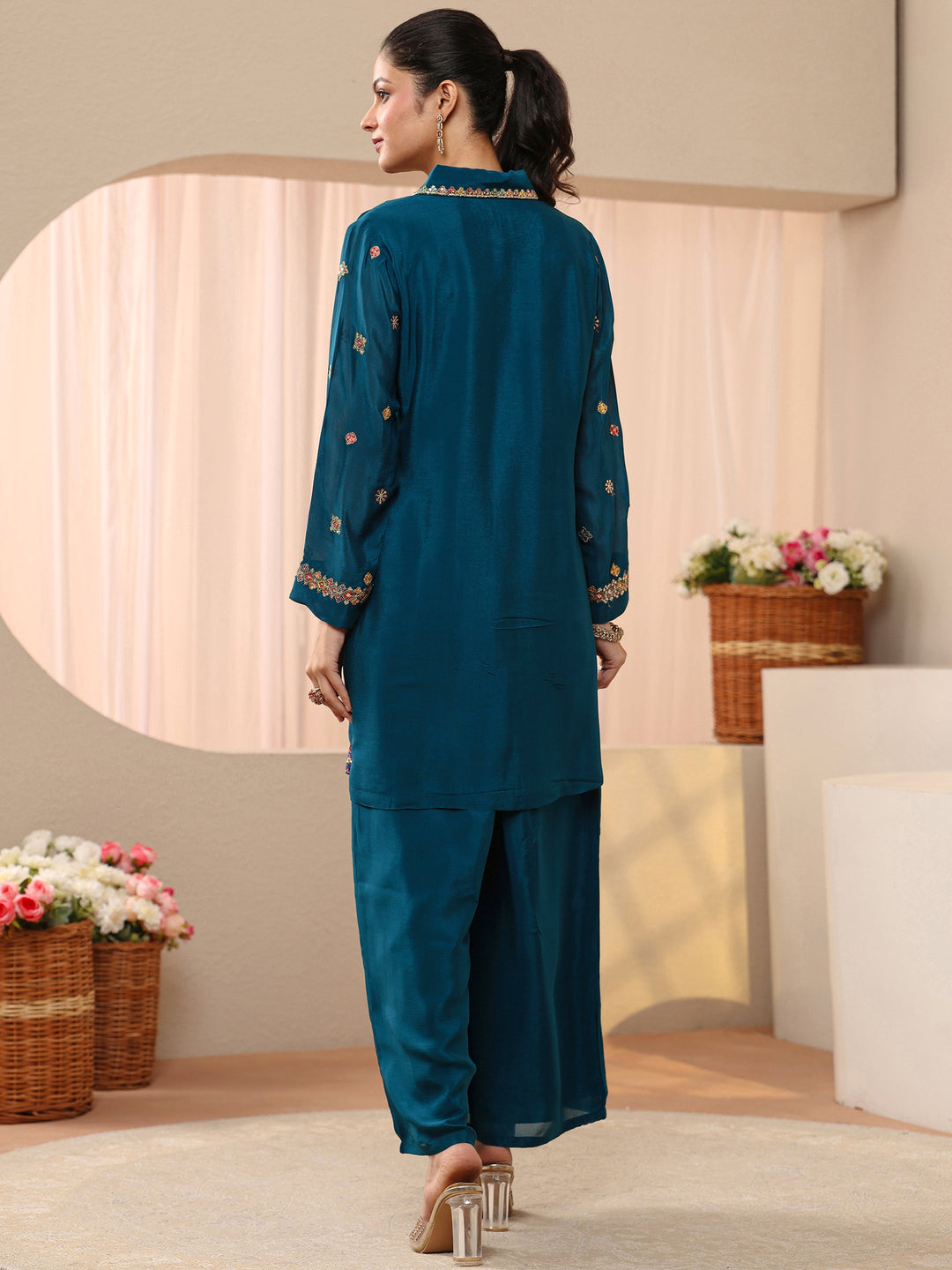  Libas Art Teal Ethnic Embroidered Chinon Co-Ord Set 