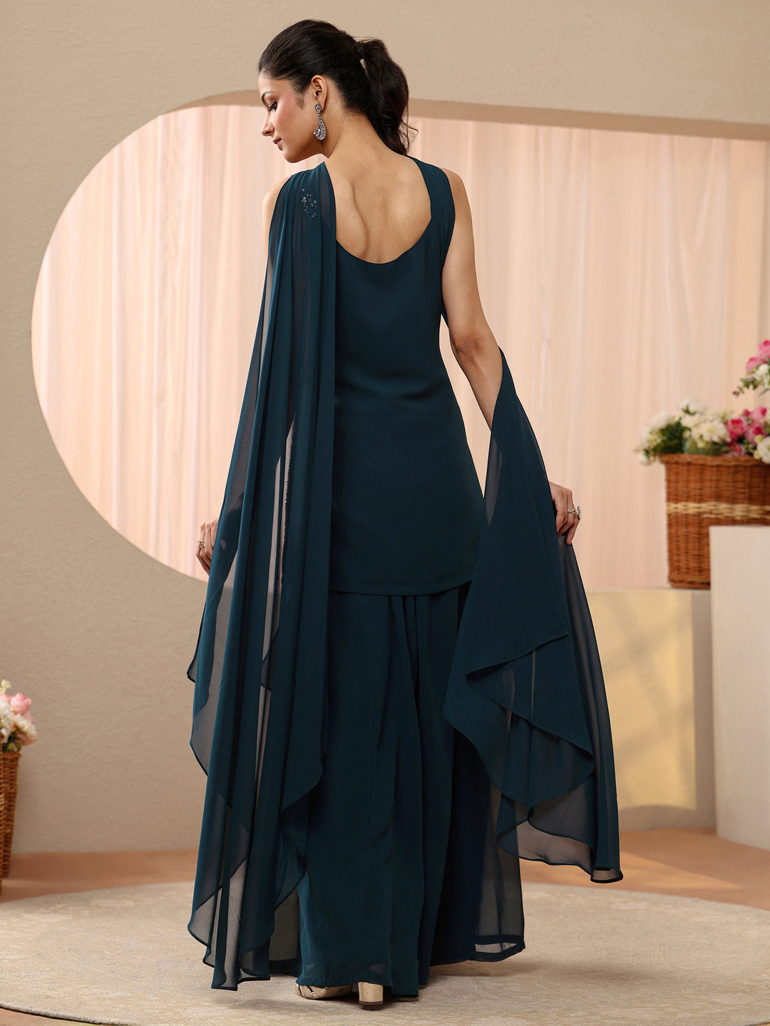  Libas Art Teal Blue Sequin Embellished Georgette Palazzo Suit Set 