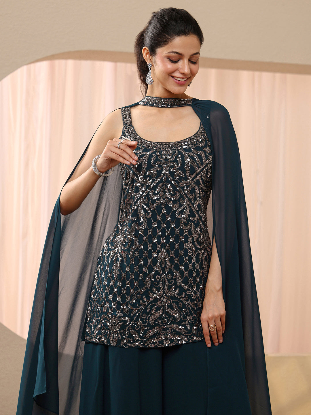  Libas Art Teal Blue Sequin Embellished Georgette Palazzo Suit Set 