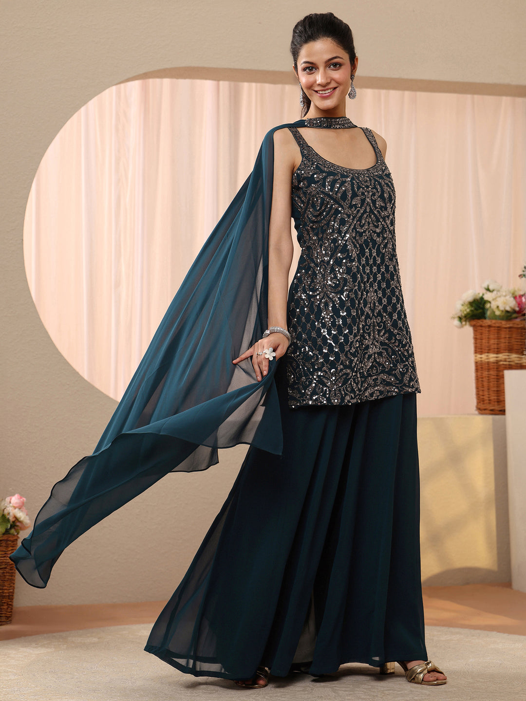  Libas Art Teal Blue Sequin Embellished Georgette Palazzo Suit Set 