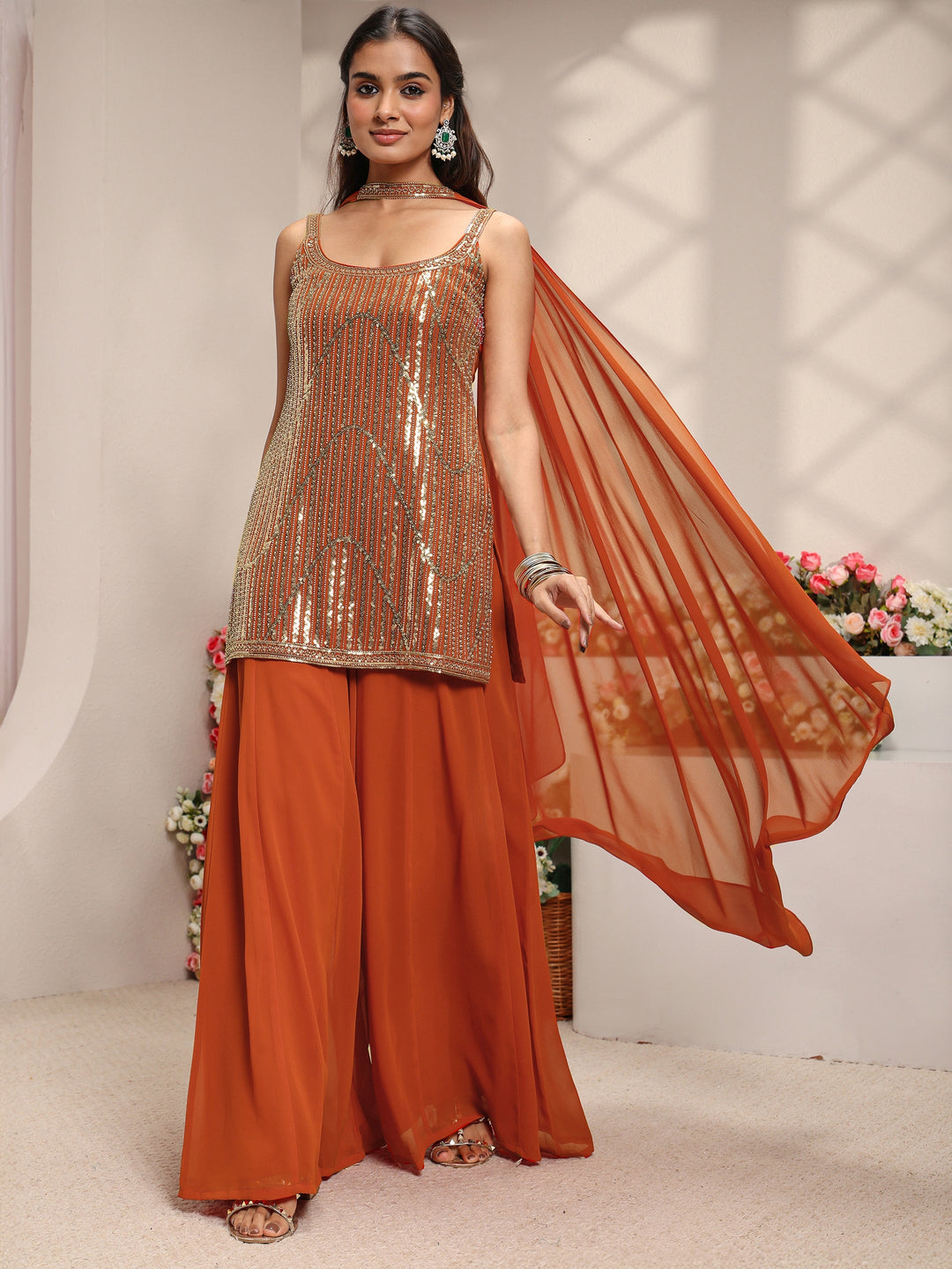  Libas Art Orange Embellished Georgette Straight Suit Set with Dupatta 