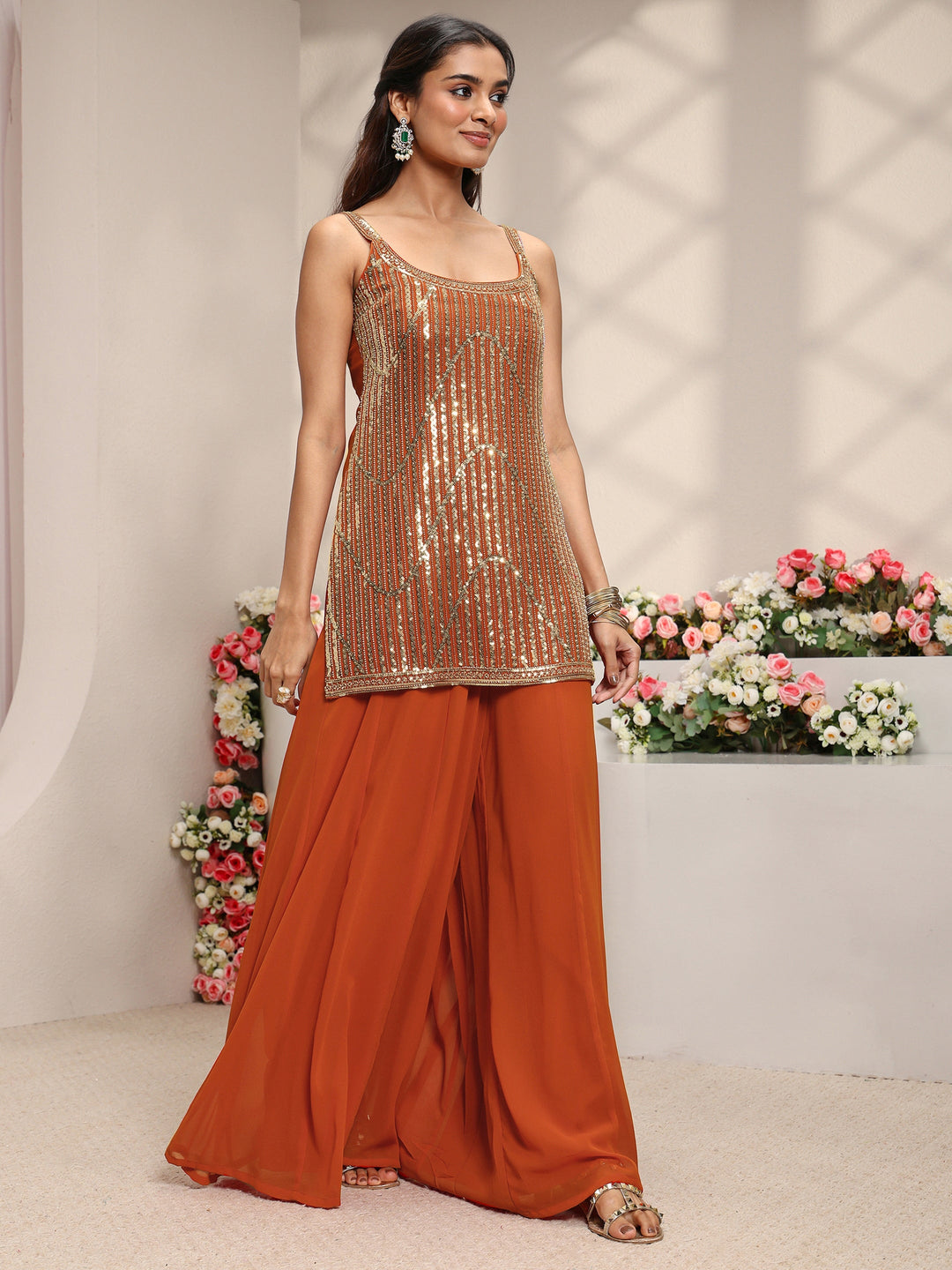  Libas Art Orange Embellished Georgette Straight Suit Set with Dupatta 