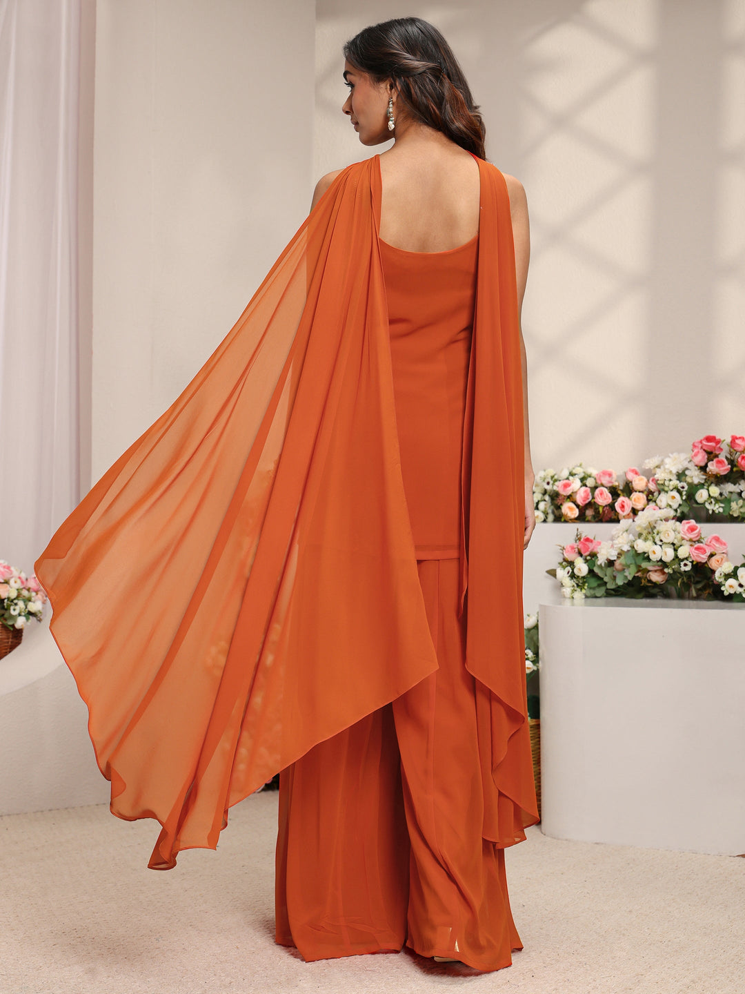  Libas Art Orange Embellished Georgette Straight Suit Set with Dupatta 